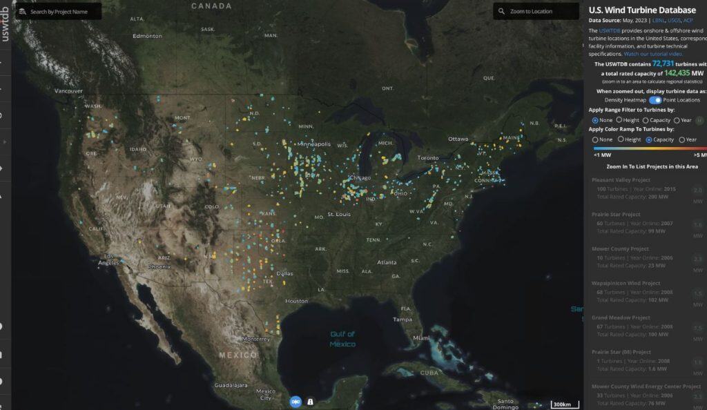 Map of the United States showing all wind turbine locations registered with the U.S. Wind Turbine Database
